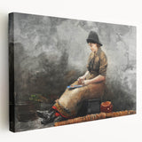A Fishergirl Baiting Lines Realism Art Print - Winslow Homer Coastal Scene