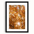 Abstract art print featuring textured fall foliage in vibrant red and orange, framed in black, ideal for living room decor.