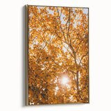 Framed canvas featuring a vintage landscape painting with autumnal trees in gold and black tones.