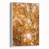 Vintage poster art featuring autumnal trees in vibrant colors on a large framed canvas, suitable for living room decor.