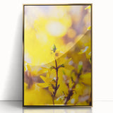 Large art print of a mid-century modernist spring scene in vibrant green and gold tones, framed in acrylic.