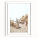 Abstract art print featuring swirling blue and gray tones on a white framed canvas, ideal for modern dining room decor.