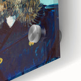 Large abstract print on acrylic glass reflecting mid-century modernist style in vibrant blues and yellows.