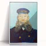 Mid-century modernist art deco poster featuring a stylized Van Gogh portrait in acrylic on a white framed canvas.