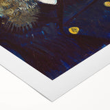 Art deco poster featuring a stylized cityscape in muted gold and navy tones on rolled canvas, suitable for dining room decor.