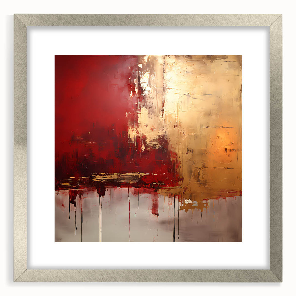 Abstract wall art design showcasing vibrant strokes in shades of blue, pink, and gold, framed in a sleek silver mat, ideal for modern decor.