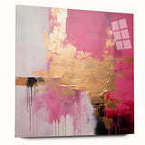 Abstract wall art with colorful strokes on acrylic glass, showcasing vibrant hues and fluid designs, perfect for modern decor. Side view highlights the sleek finish.