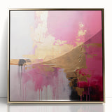 Framed abstract wall art showcasing vibrant strokes in gold and black, set against a sleek acrylic background, perfect for modern interior decor.