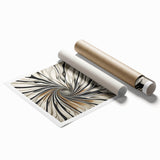 Abstract wall art print showcasing vibrant strokes in shades of blue, orange, and yellow, rolled and ready for display, perfect for modern home decor.