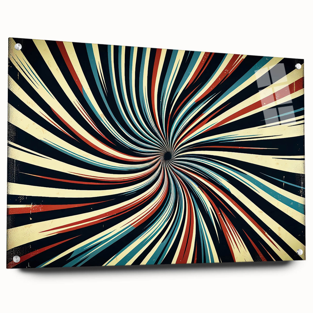 Abstract wall art design featuring vibrant strokes in shades of blue, pink, and gold, displayed in a side view on acrylic glass with decorative pins, ideal for modern decor.