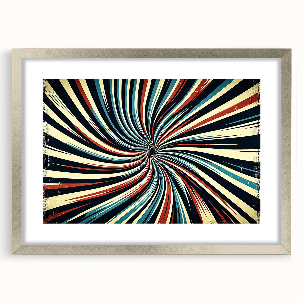 Abstract wall art featuring bold strokes in shades of blue, gold, and white, framed in a sleek silver frame with a mat, perfect for modern decor. Ideal for enhancing living spaces with a contemporary touch.