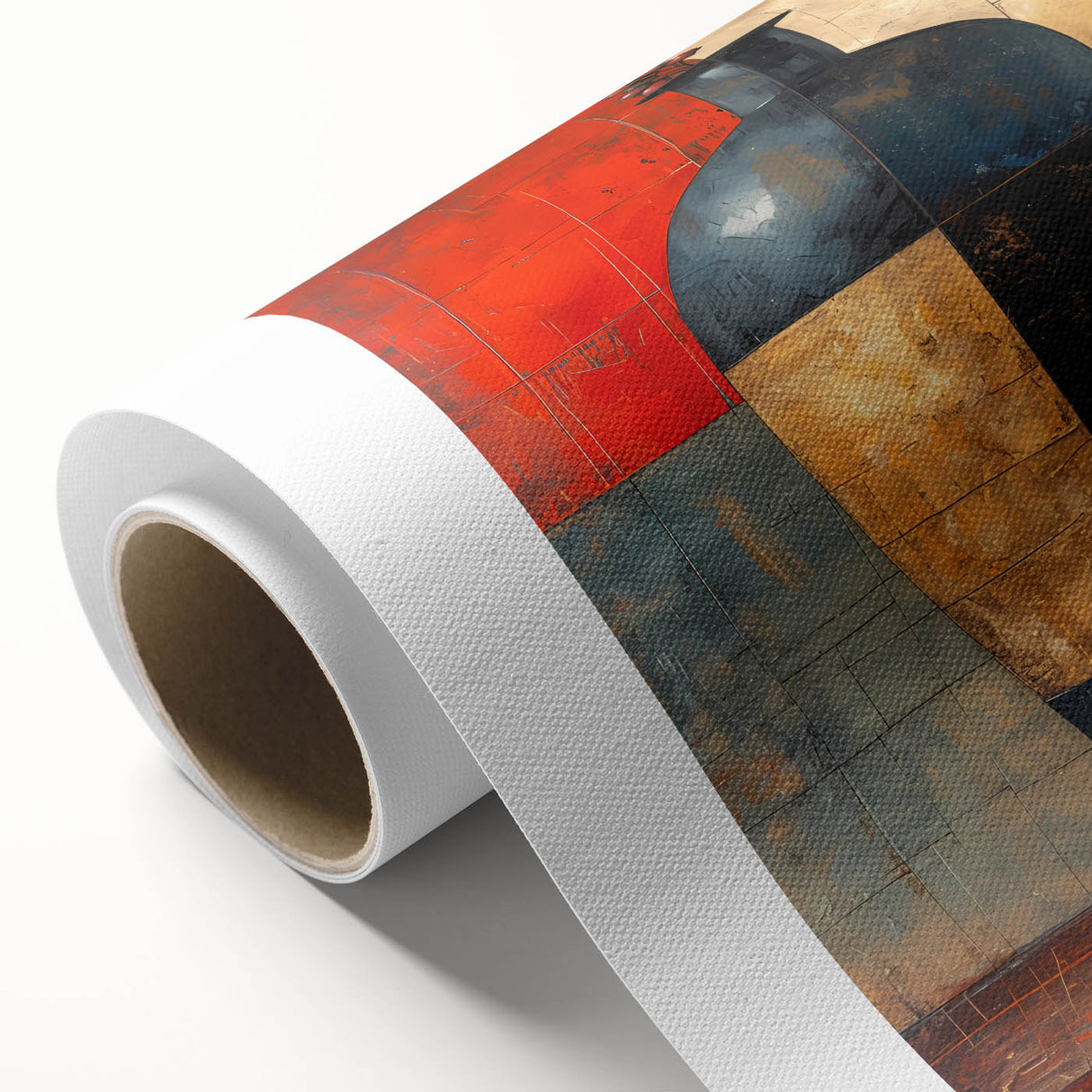 Abstract wall art on rolled canvas showcasing vibrant strokes in shades of blue, orange, and yellow, ideal for modern home decor. Packaged securely in a cardboard tube.