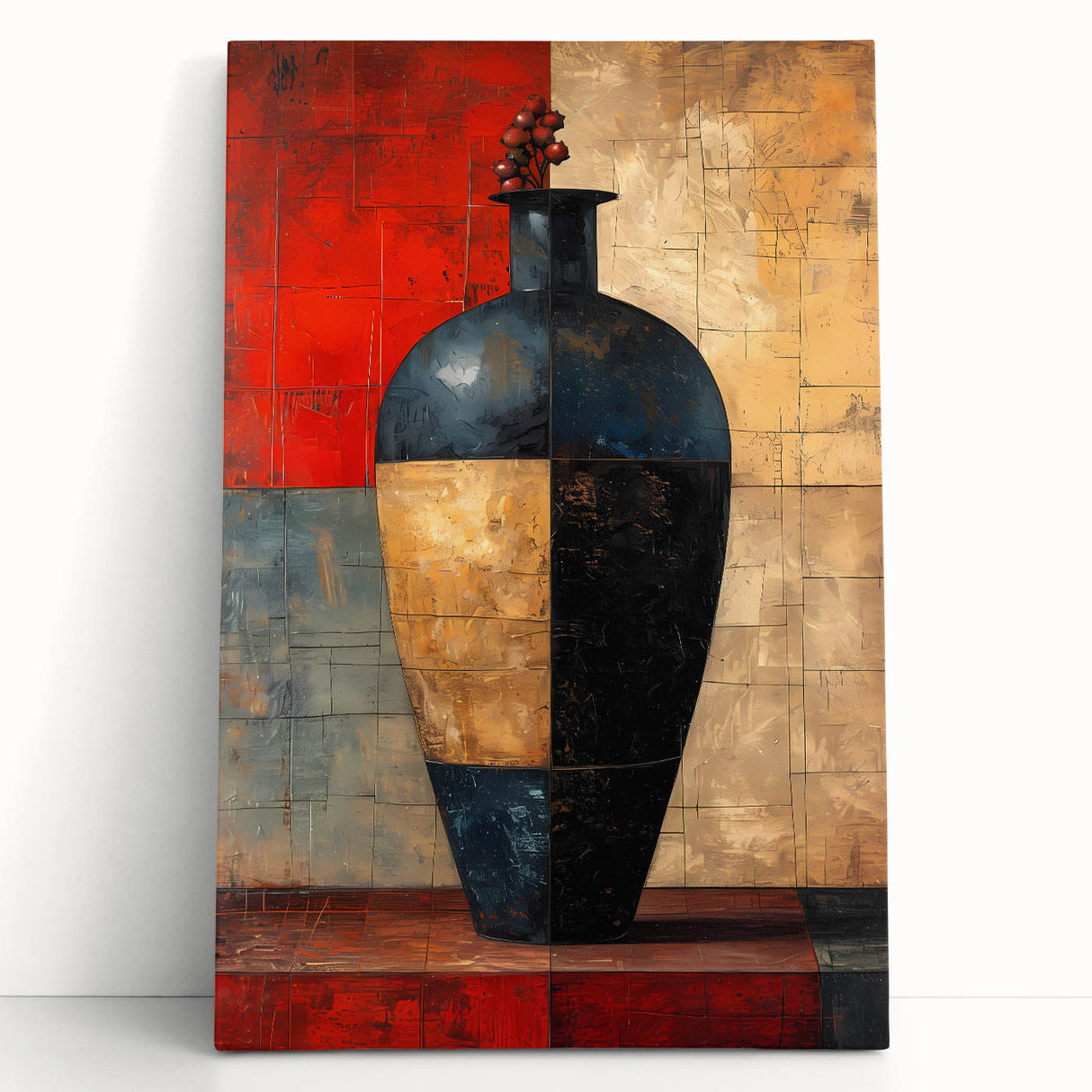 Abstract wall art featuring vibrant strokes in shades of blue, pink, and gold on stretched canvas, leaning against a neutral wall, adding a modern touch to interior decor.