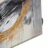 Abstract wall art design featuring vibrant, swirling strokes in shades of blue, pink, and gold, presented on a glossy acrylic glass surface, ideal for modern decor.