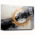 Abstract wall art featuring colorful strokes on acrylic glass, displayed in a side view with visible pins, perfect for modern home decor and artistic interiors.