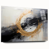 Abstract wall art featuring vibrant strokes in shades of blue, pink, and gold, displayed in a sleek acrylic glass frame. Ideal for modern home decor.