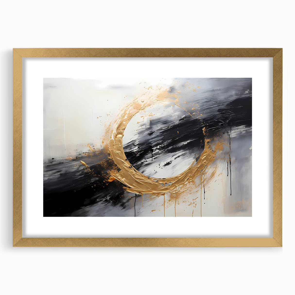 Abstract wall art featuring dynamic strokes in gold and muted tones, framed with a chic mat for an elegant display, perfect for modern home decor.