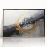 Framed abstract wall art featuring gold and black strokes on a white background, ideal for modern home decor. Adds elegance and sophistication to any room.