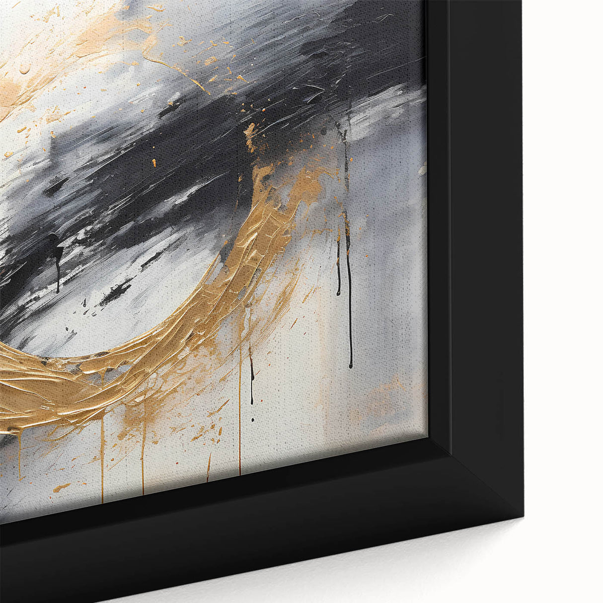 Abstract wall art featuring vibrant strokes in shades of blue, orange, and yellow, framed for display, enhancing modern decor with artistic elegance.