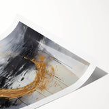 Abstract wall art print featuring vibrant strokes in shades of blue, orange, and yellow, rolled and ready for display, enhancing modern decor aesthetics.