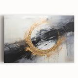 Abstract strokes wall art on stretched canvas featuring vibrant colors of blue, orange, and gold. Ideal for modern home decor, enhancing living spaces with artistic flair.