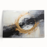 Abstract wall art featuring vibrant, multi-colored strokes on stretched canvas, leaning against a neutral wall, ideal for modern home decor.