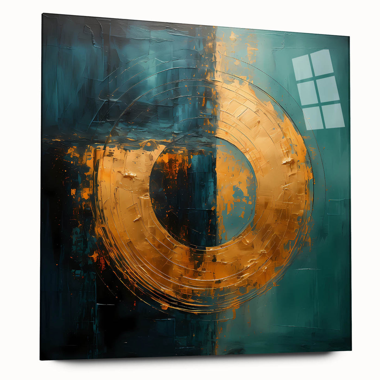 Abstract wall art design featuring colorful strokes in a modern acrylic glass frame, showcasing vibrant hues of blue, pink, and gold. Ideal for contemporary decor.