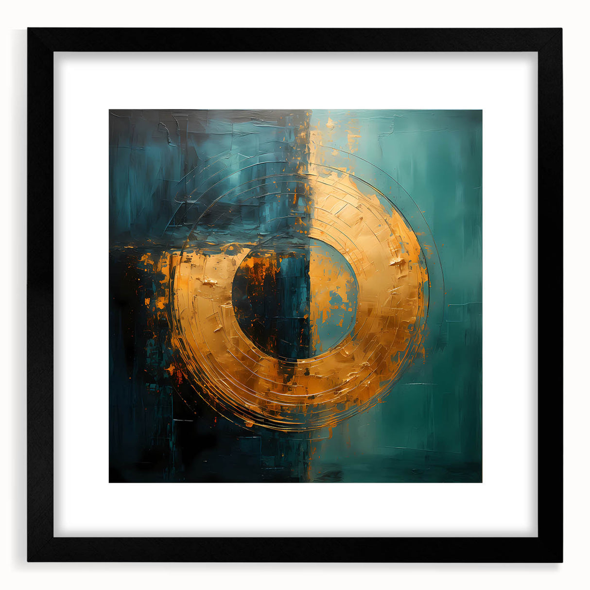 Abstract wall art featuring dynamic strokes in black, white, and gold, framed with a sleek mat, designed to enhance modern decor and create a striking focal point.