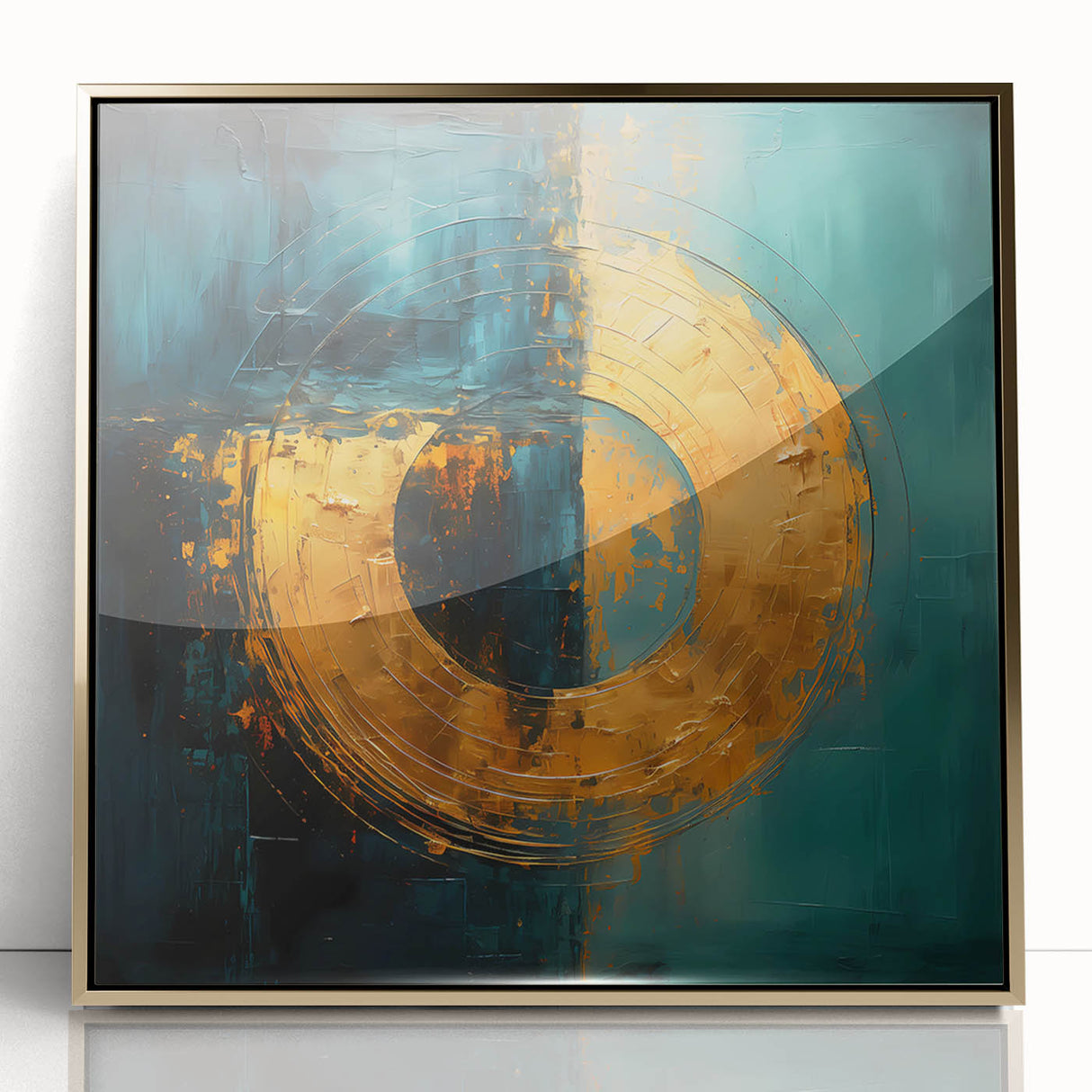 Framed abstract strokes wall art featuring gold accents on a sleek acrylic surface, perfect for modern decor. Ideal for adding elegance to living spaces.