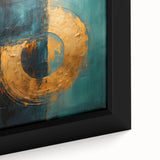 Close-up of framed abstract strokes wall art on canvas, showcasing vibrant colors of blue, orange, and yellow, perfect for modern home decor.