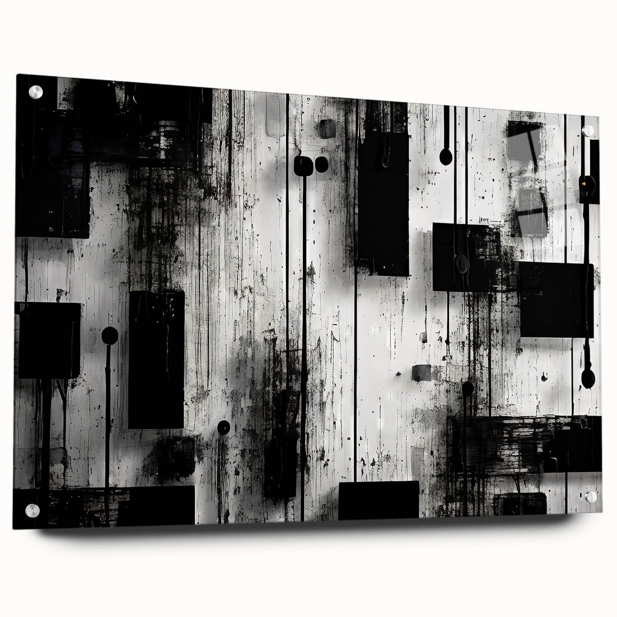 Acrylic glass wall art design featuring abstract strokes in vibrant colors, displayed from a side view with visible mounting pins for easy installation.