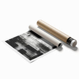 Abstract wall art print showcasing vibrant strokes in shades of blue, orange, and yellow, rolled and packaged in a protective cardboard tube for easy display.