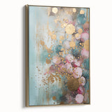 Framed abstract wall art featuring gold and vibrant strokes on a canvas, showcasing a modern design ideal for home decor, set against a neutral background.