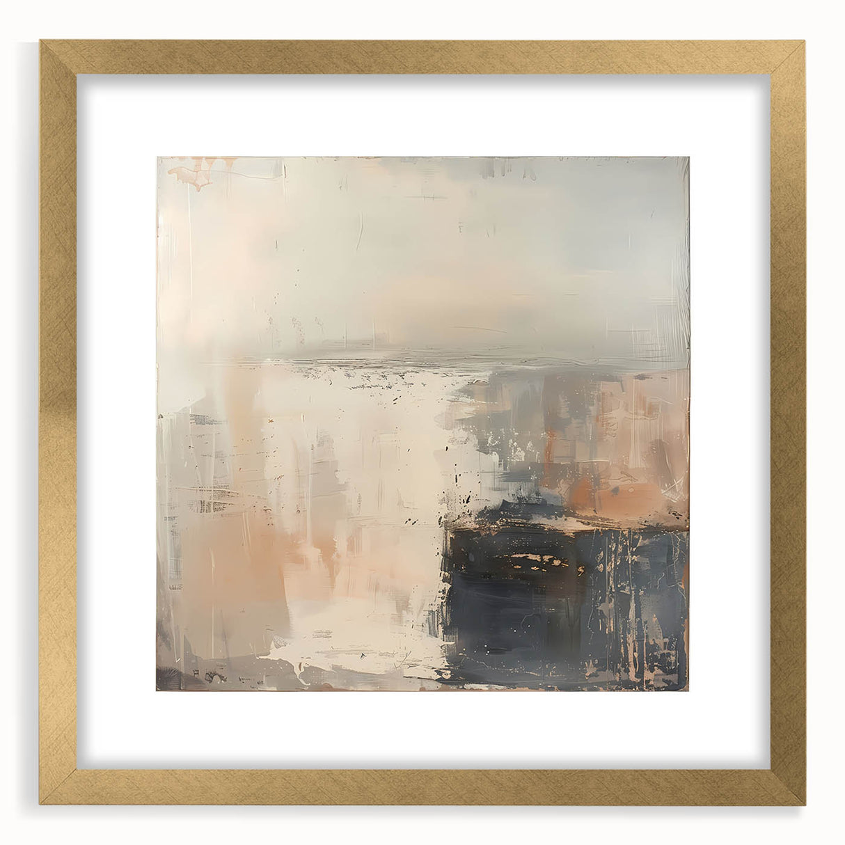 Abstract wall art featuring colorful strokes in hues of blue, pink, and gold, elegantly framed with a matte finish, perfect for modern home decor.