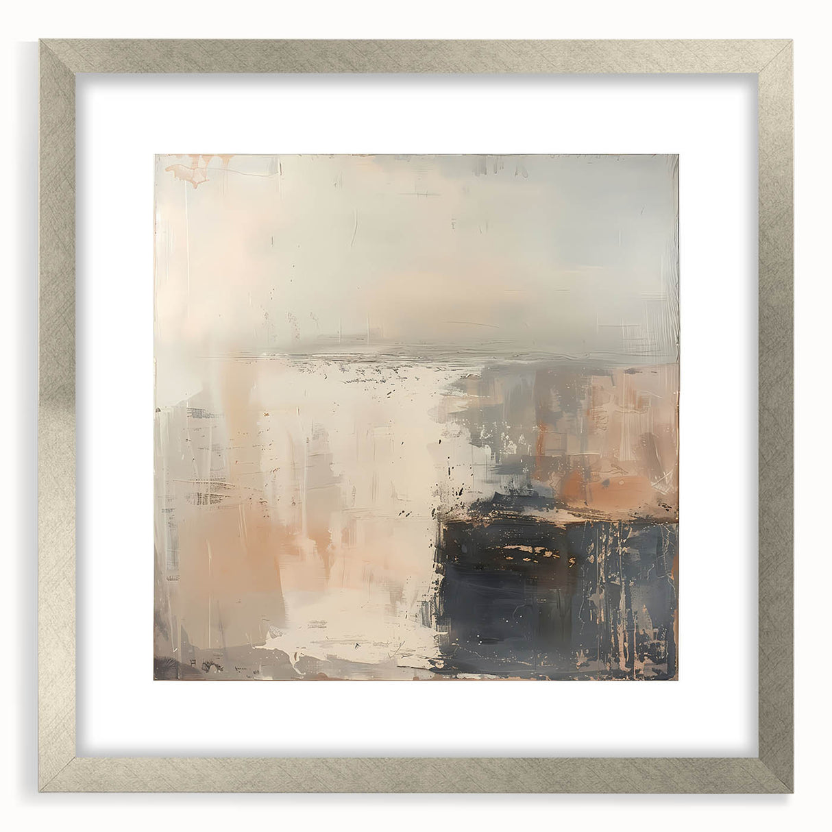 Abstract wall art design featuring vibrant strokes in shades of blue, pink, and gold, framed with a silver mat. Ideal for modern home decor.