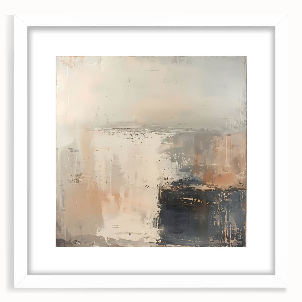 Abstract strokes wall art framed with a white mat, showcasing a blend of vibrant colors and dynamic patterns, perfect for modern home decor.
