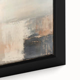 Close-up view of a framed abstract strokes wall art canvas featuring vibrant blue, orange, and green colors, showcasing dynamic brushwork and modern design. Perfect for contemporary home decor or art enthusiasts.