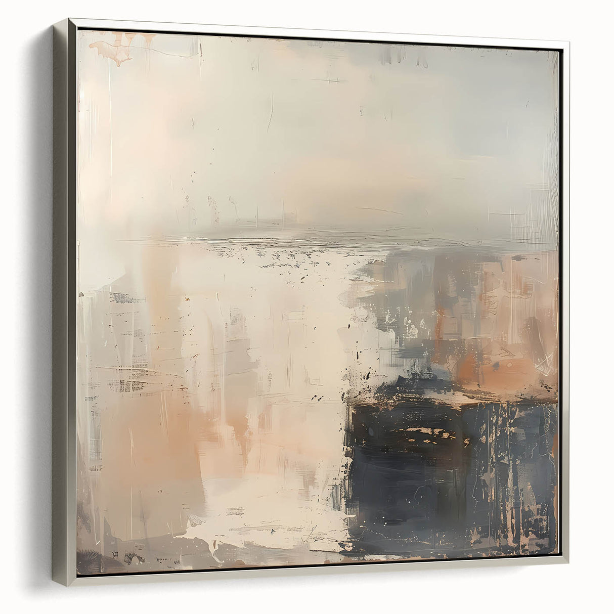 Framed abstract wall art with silver strokes on canvas, showcasing a modern design that adds elegance to home decor, viewed from the side to highlight depth and texture.