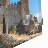 Close-up of a vibrant acrylic painting depicting a majestic castle surrounded by lush landscapes, showcasing intricate details and rich colors, ideal for art enthusiasts.