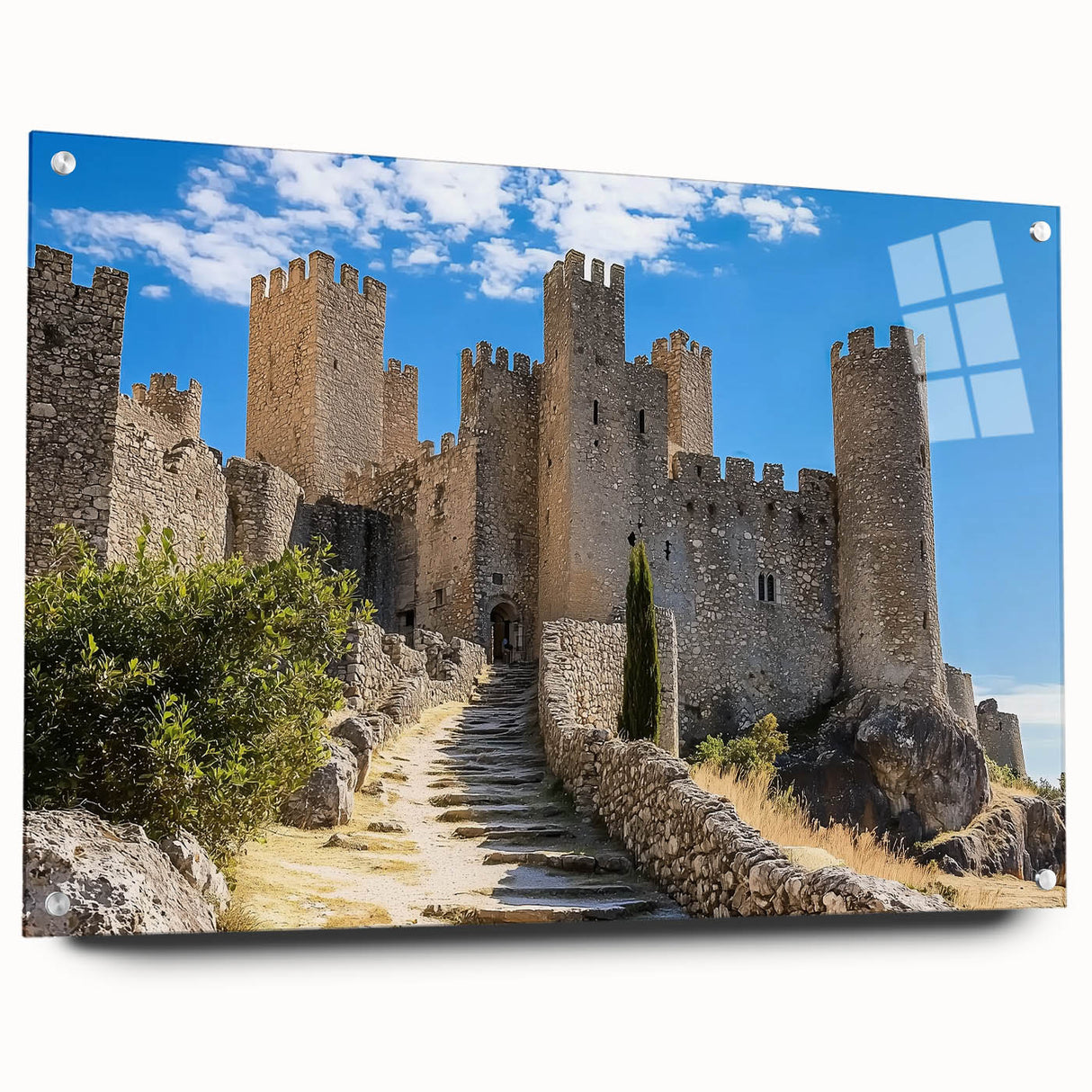 Acrylic glass artwork showcasing a vibrant landscape with castles, displayed in a side view with decorative pins. Perfect for enhancing home decor with its colorful details and elegant finish.