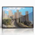 Framed acrylic artwork showcasing a stunning landscape scene with a majestic castle, set against a vibrant blue sky. The black frame adds elegance, perfect for home decor.