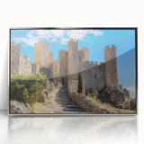 Framed acrylic artwork showcasing a stunning landscape with a castle, featuring a sleek silver frame that enhances its elegance, perfect for home decor.