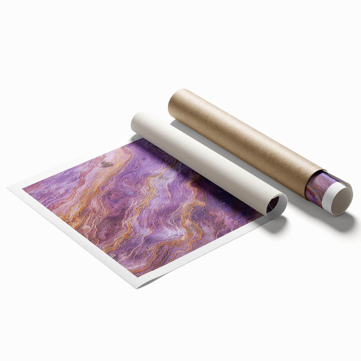 Vibrant rolled print of dramatic cliffs landscape, showcasing intricate details and rich colors, ideal for home decor or art enthusiasts, securely packaged in a protective tube.