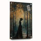 Abstract figurative wall art displayed in a side view, featuring vibrant colors and intricate designs, mounted on acrylic glass with visible pins for a modern aesthetic.