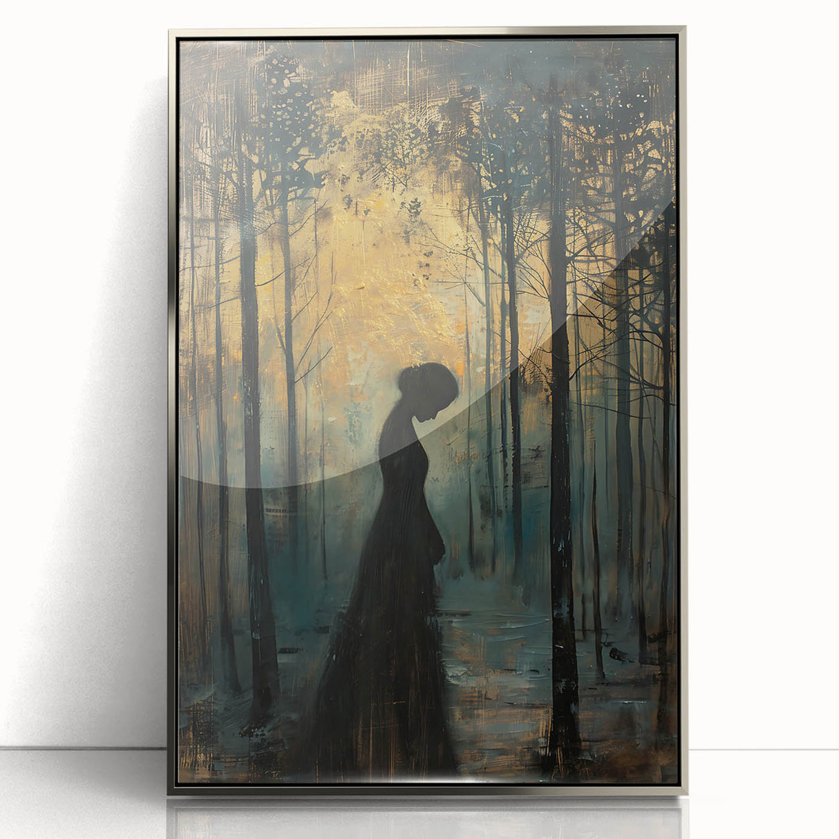 Framed abstract figurative wall art featuring a silver acrylic finish, showcasing fluid shapes and dynamic colors, perfect for modern home decor.