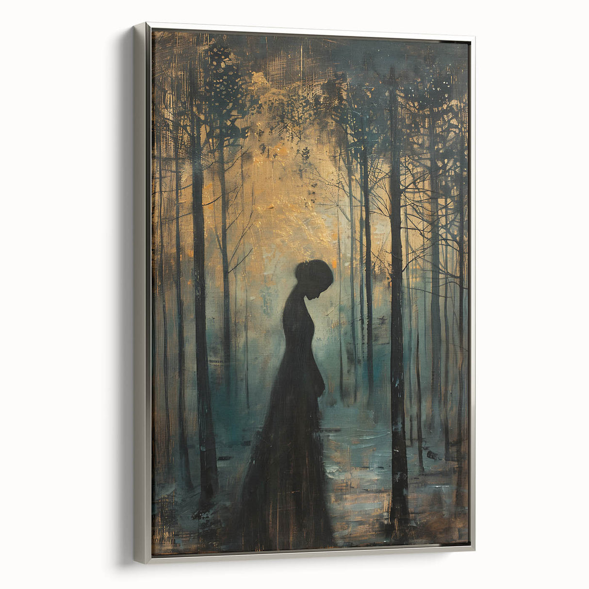 Framed abstract figurative wall art in silver frame, showcasing vibrant colors and dynamic shapes, ideal for modern home decor and artistic spaces.