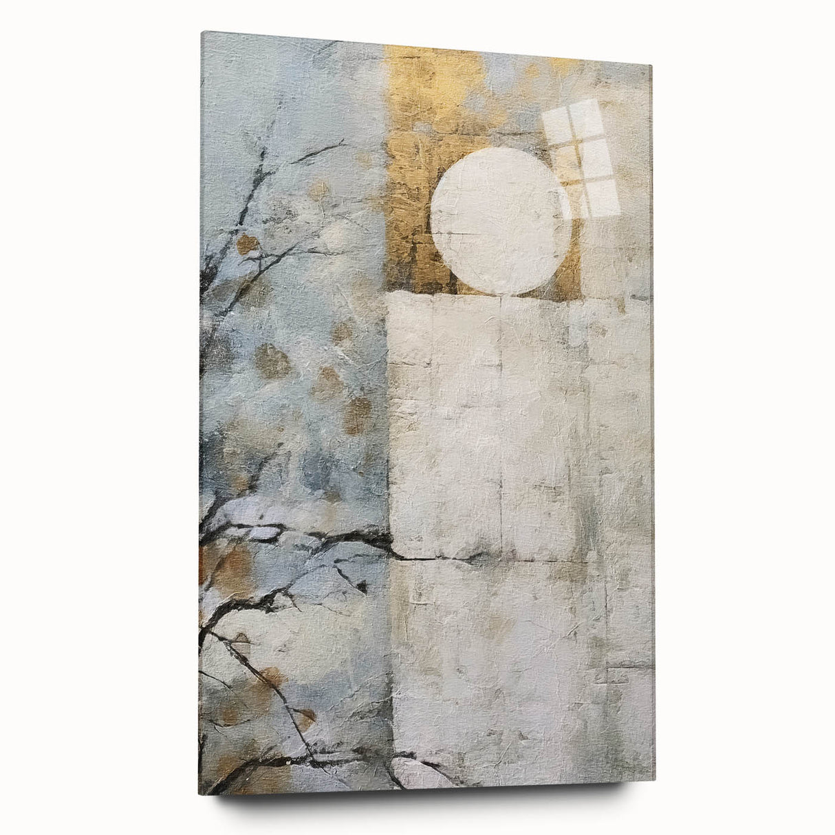 Abstract floral wall art design printed on acrylic glass, showcasing vibrant colors and intricate patterns, viewed from the side without mounting pins.