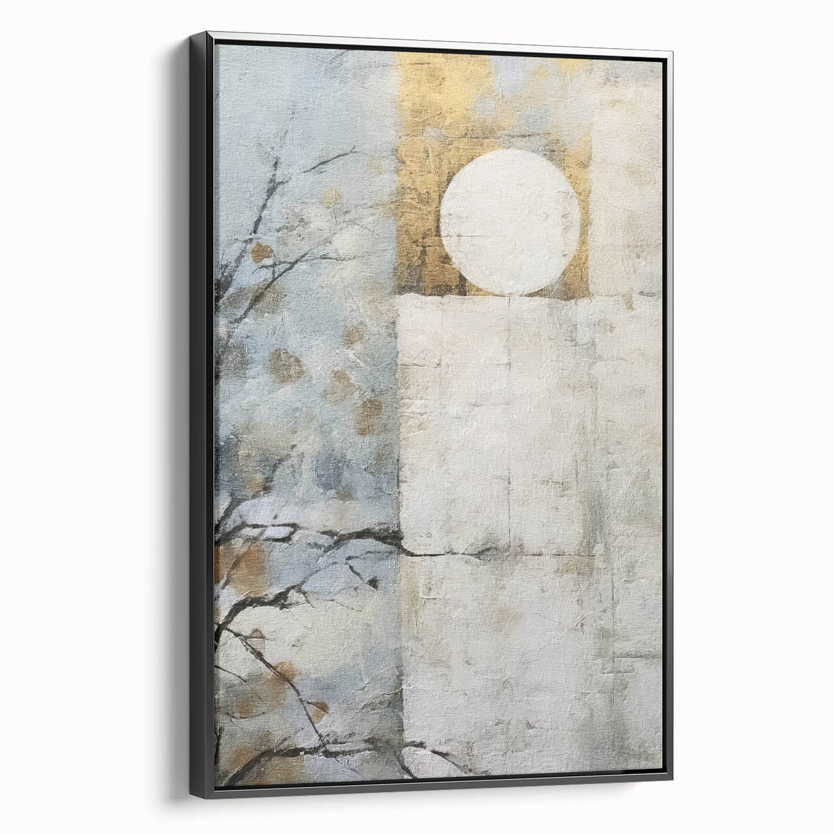 Framed black canvas wall art showcasing an abstract floral design with vibrant colors, displayed in a side view to highlight the frame's sleek profile and artistic detail.
