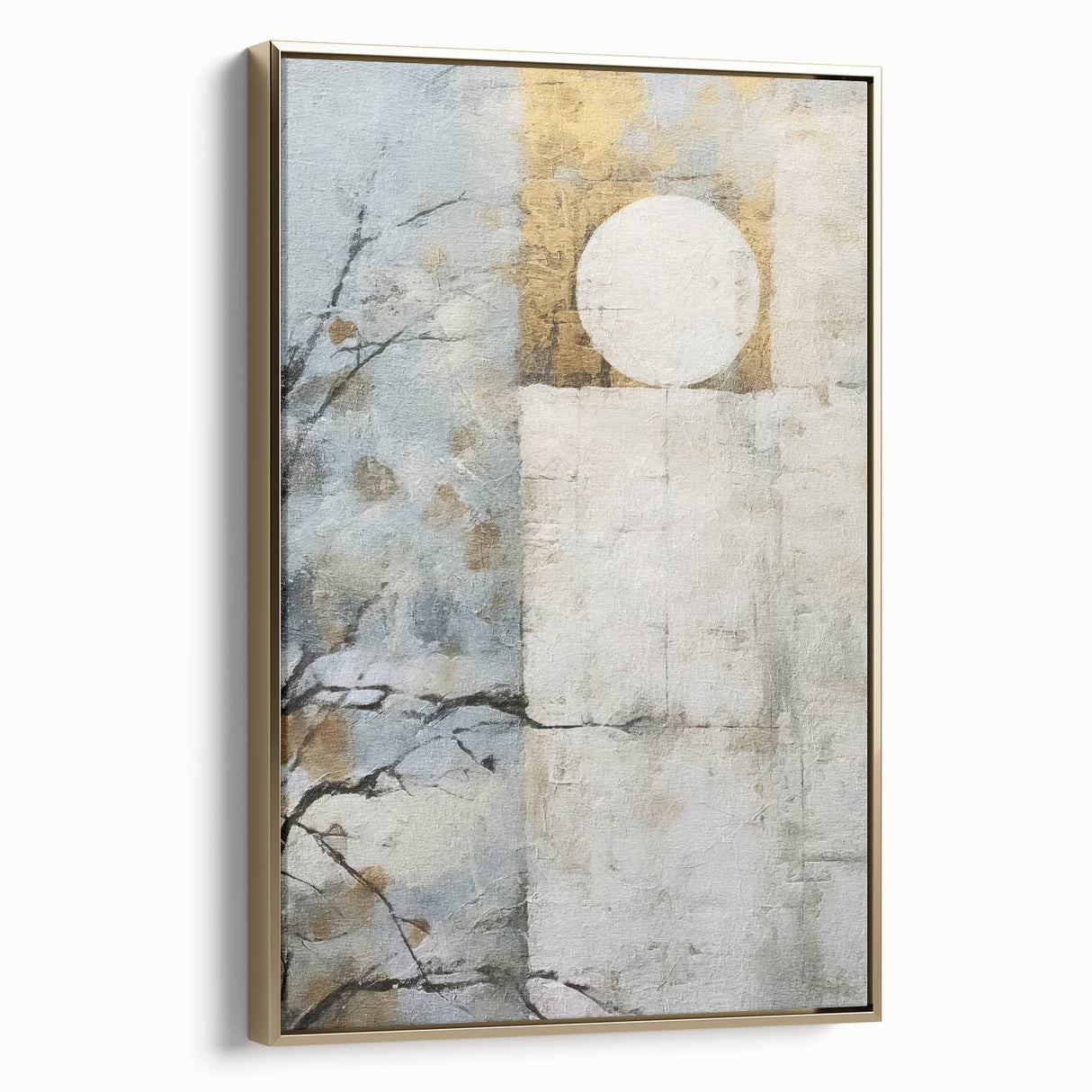 Framed canvas wall art showcasing an abstract floral design in vibrant colors, with elegant gold accents, displayed from a side view to highlight depth and texture.