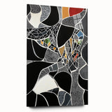 Abstract geometric acrylic glass artwork showcasing vibrant colors and intricate shapes, viewed from the side, emphasizing its modern design and sleek finish. Perfect for contemporary decor.